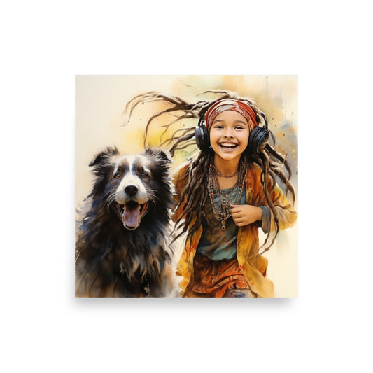 Free-Spirited Vibes: Groovy Watercolor Poster Featuring a Hippie Girl and Her Dog - BISOULOUISE