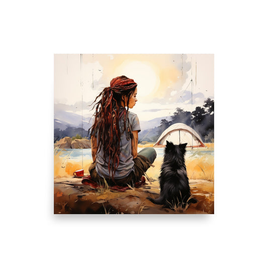 Boho Bliss: Hippie Girl & Pup Watercolor Poster - BISOULOUISE