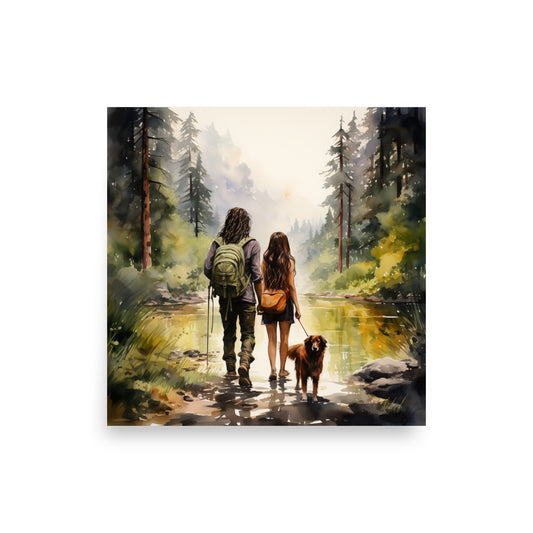 Laid-back Love: Watercolor Poster of Hippie Girl & Dog - BISOULOUISE