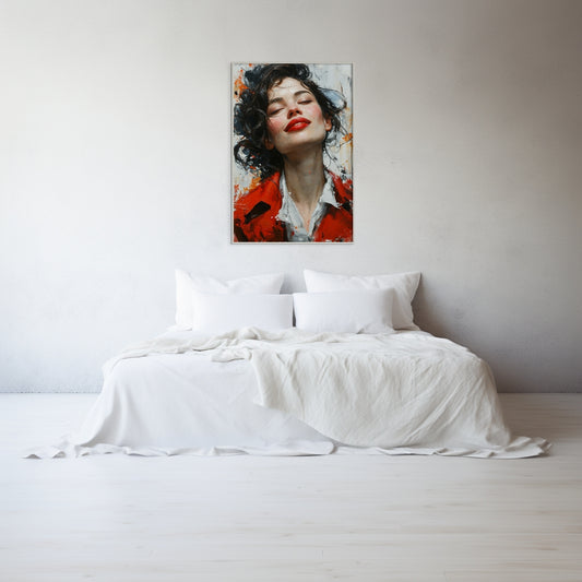 Radiant Joy: Lady in Red Woman Smiling Portrait | Happy and Vibrant Wall Art - BISOULOUISE